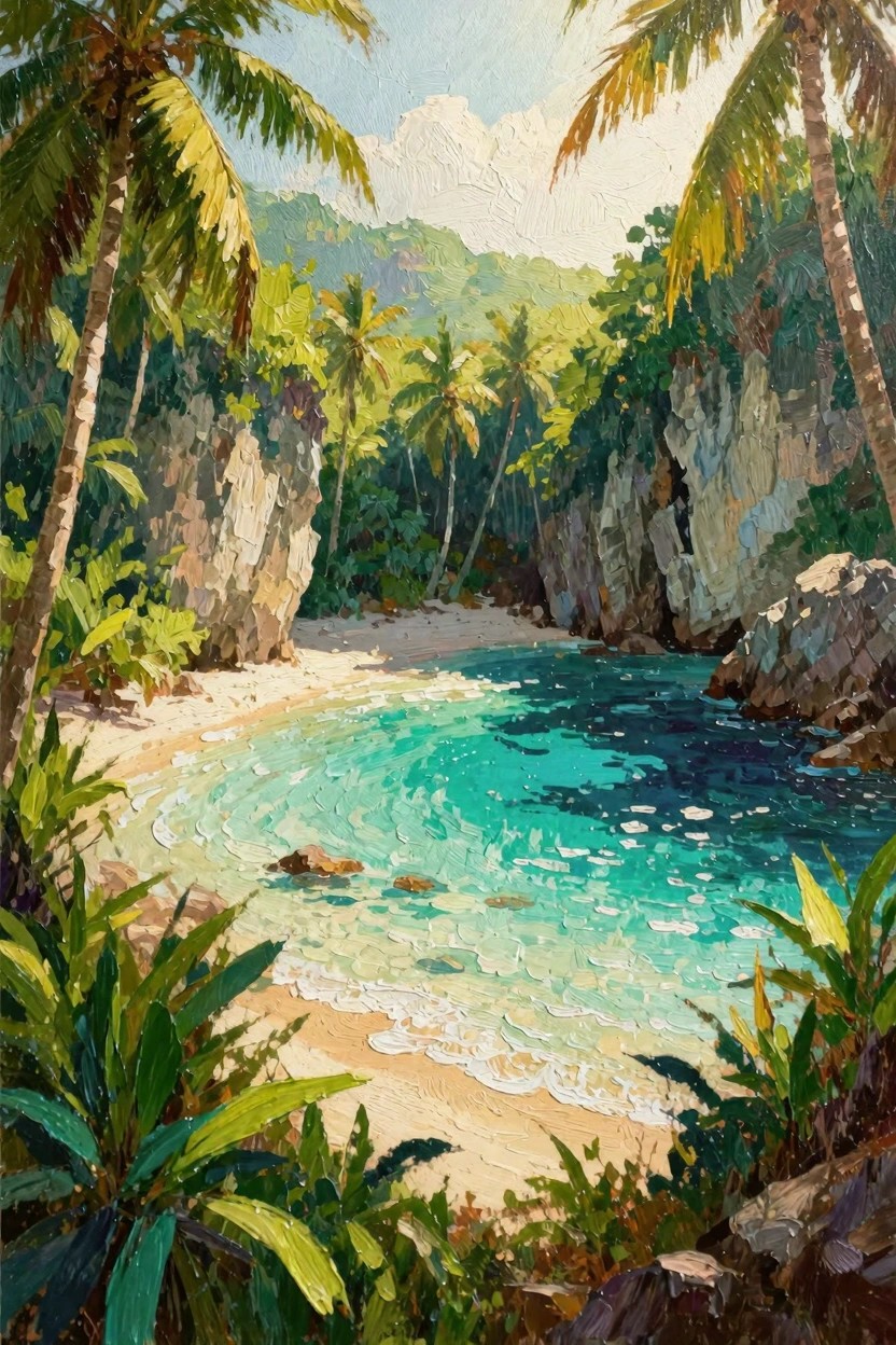 Oil painting of a tropical cove with white sand beach, turquoise water, palm trees, and surrounding rocky cliffs.