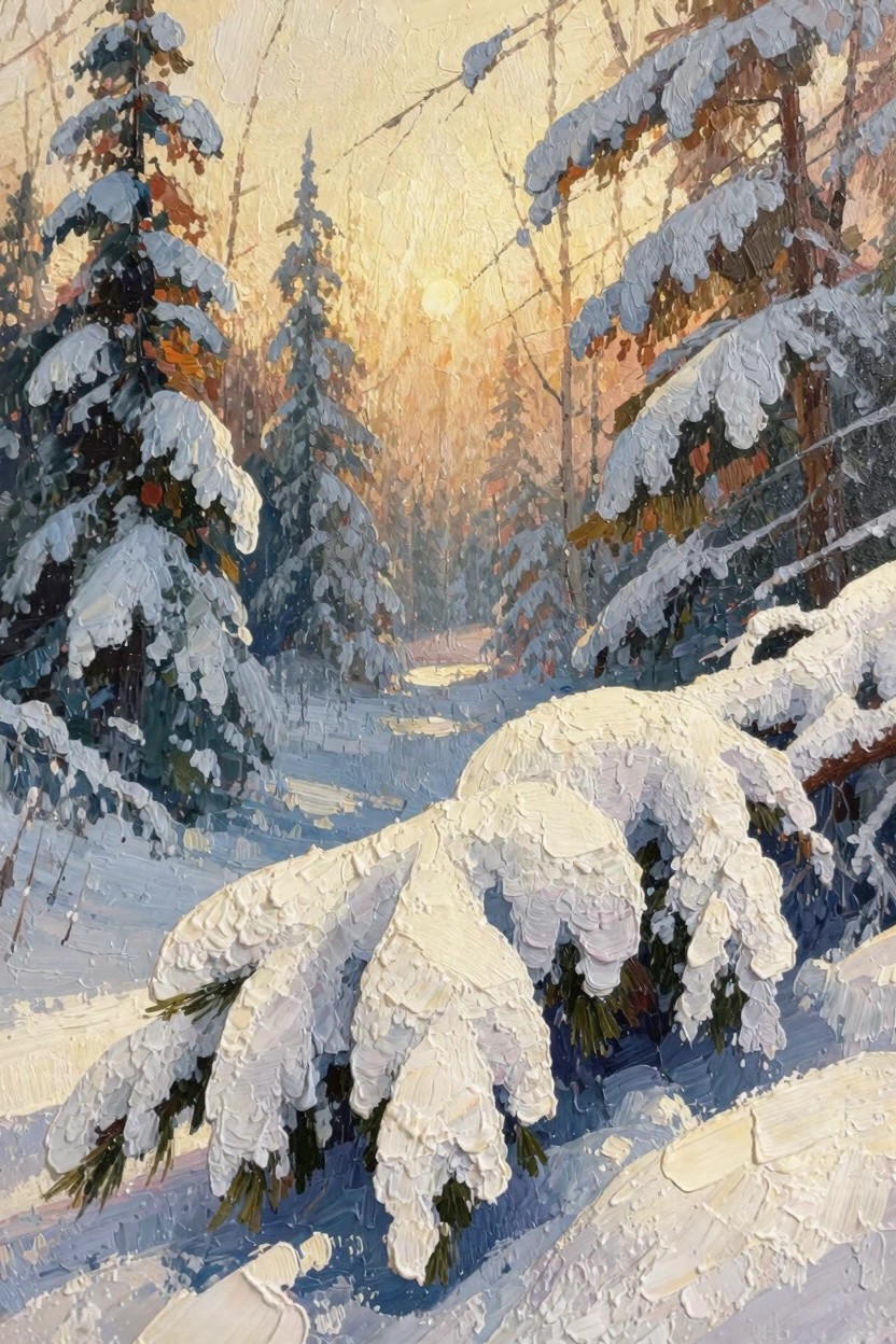 Oil painting of a snowy forest path lined with snow-covered pine trees and golden sunlight filtering through from behind.