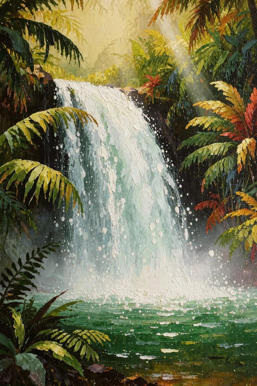 Oil painting of a tropical waterfall cascading into a green pool amid lush ferns, palms, and sunlight rays.