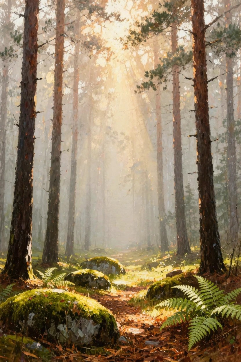 Oil painting of tall pine trees in a misty forest with golden sunlight rays illuminating a path lined with mossy rocks and ferns.