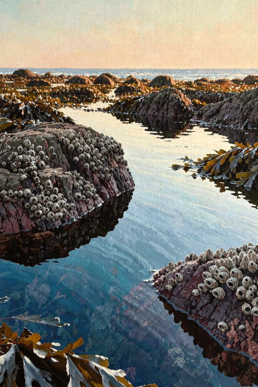 Oil painting of barnacle-covered rocks, kelp, and reflective tide pools at sunset by the ocean.