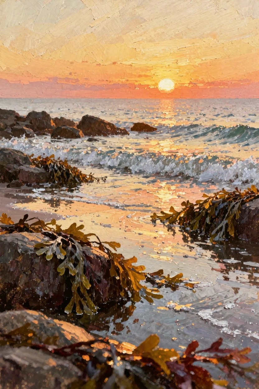 Oil painting depicting a sunset over the ocean with foreground rocks covered in brown kelp and gentle waves.