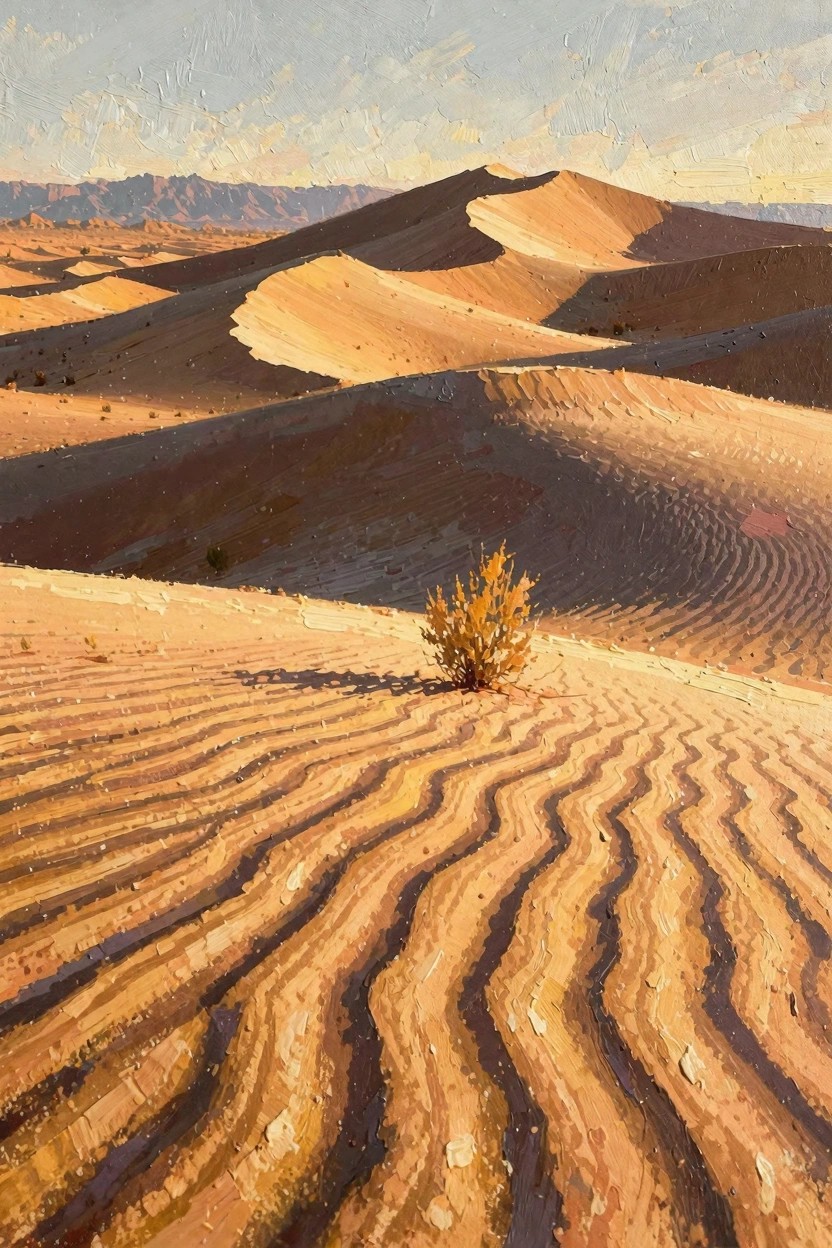 Oil painting of golden hour desert dunes with rippling sand patterns, a small bush in the foreground, and distant mountains under a soft sky.