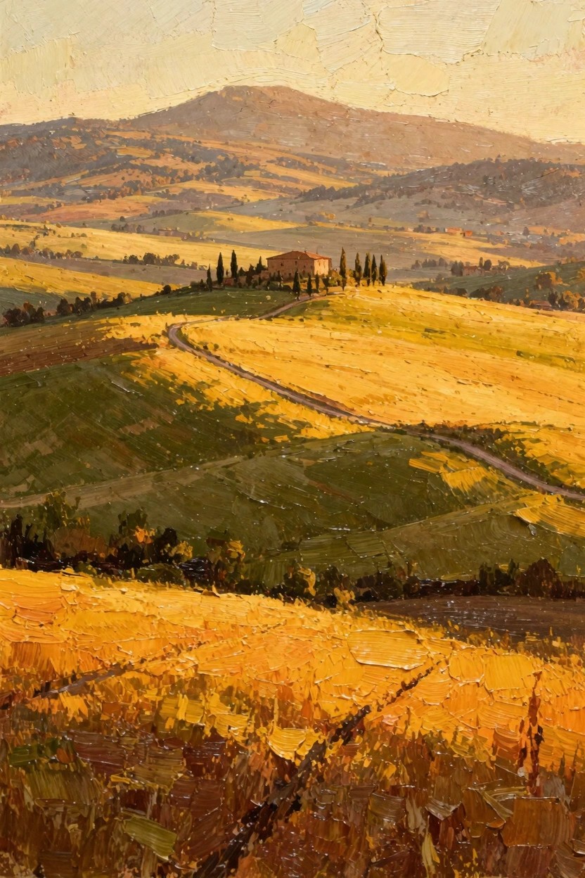 Textured oil painting of Tuscan landscape with golden rolling wheat fields, green terraces, cypress trees beside a red villa, winding road, and distant hills in sunset light.