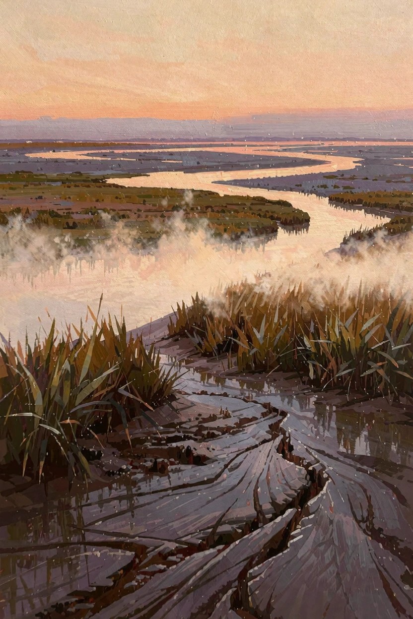 Oil painting of misty marshlands with a winding river at twilight, foreground reeds and cracked mudflats under a warm sunset sky.