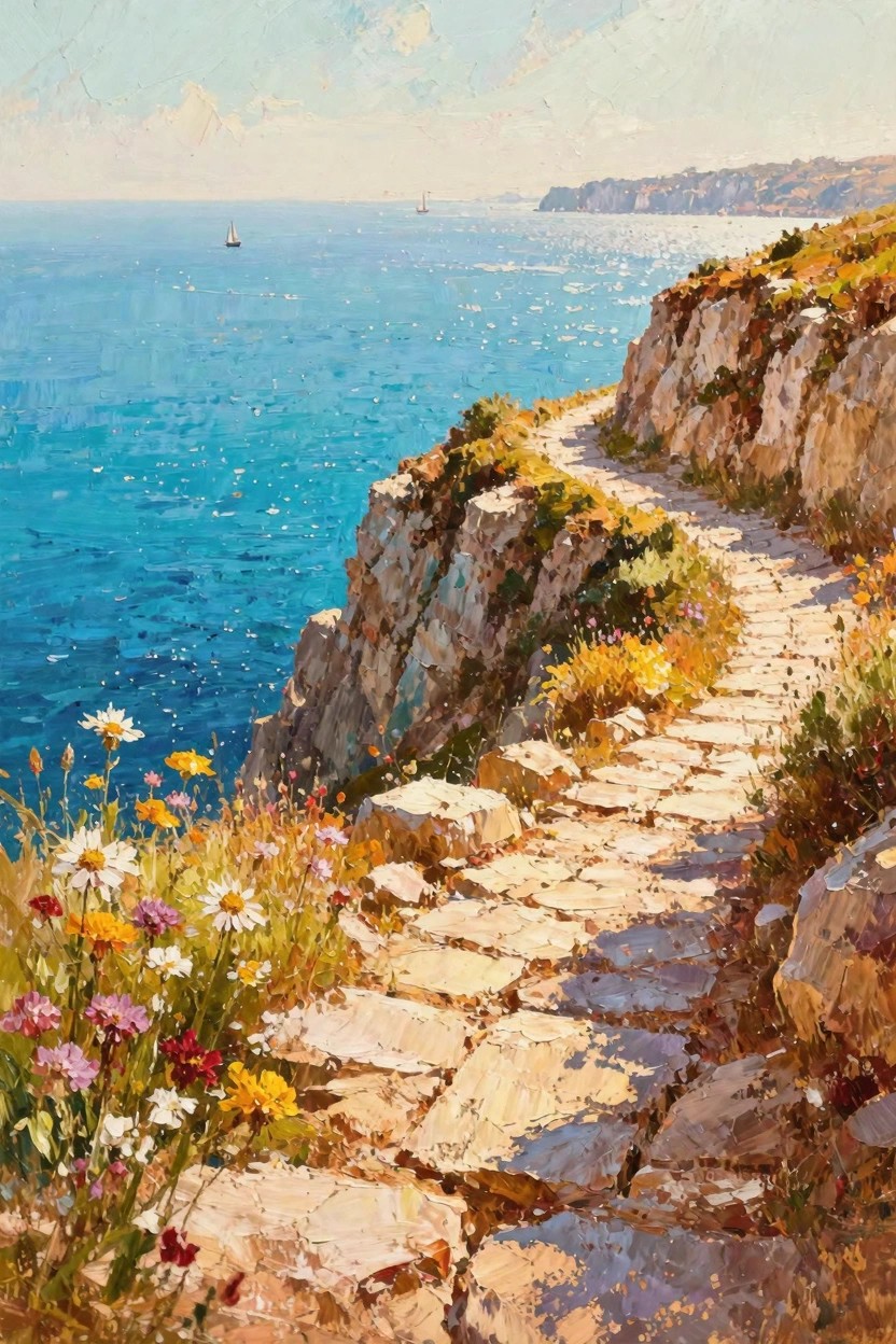 Oil painting of a stone path winding along a flower-lined cliff overlooking a blue sea with sailboats and distant cliffs under a sunny sky.