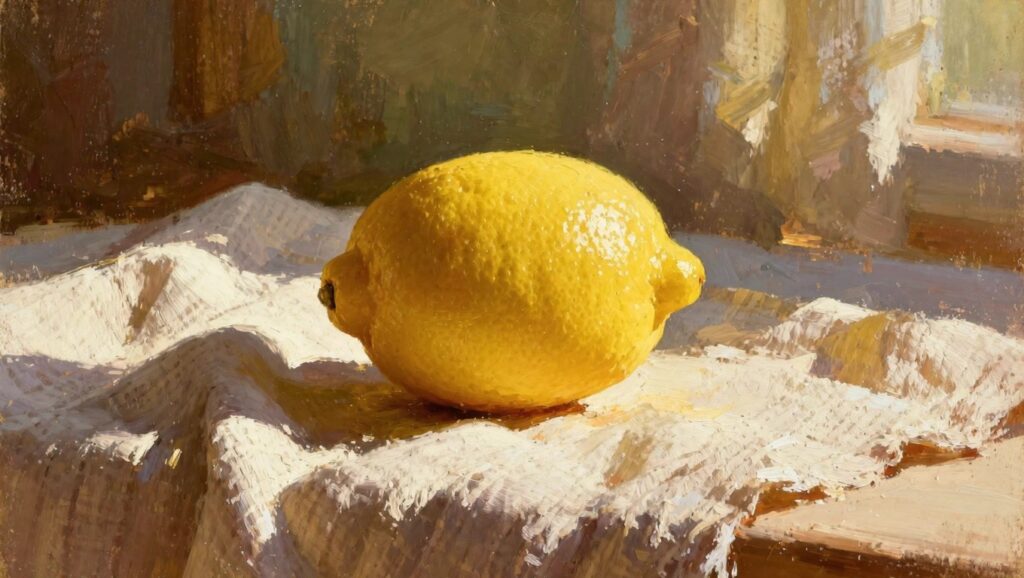 Oil painting of a textured yellow lemon on white folded fabric with side lighting and dark background.