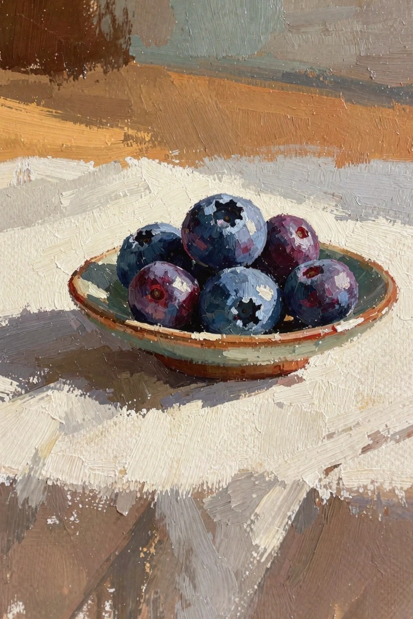 Oil painting of blueberries in a green ceramic bowl on white cloth with warm side lighting and shadows.