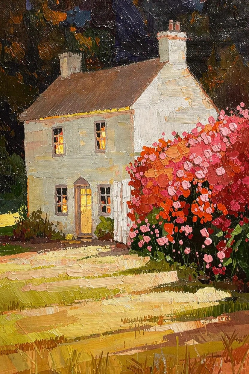 Oil painting of a white stone cottage with warm yellow light in windows and door, large pink-red fuchsia bush beside it, dark trees behind, and golden sunlight on a grassy path.
