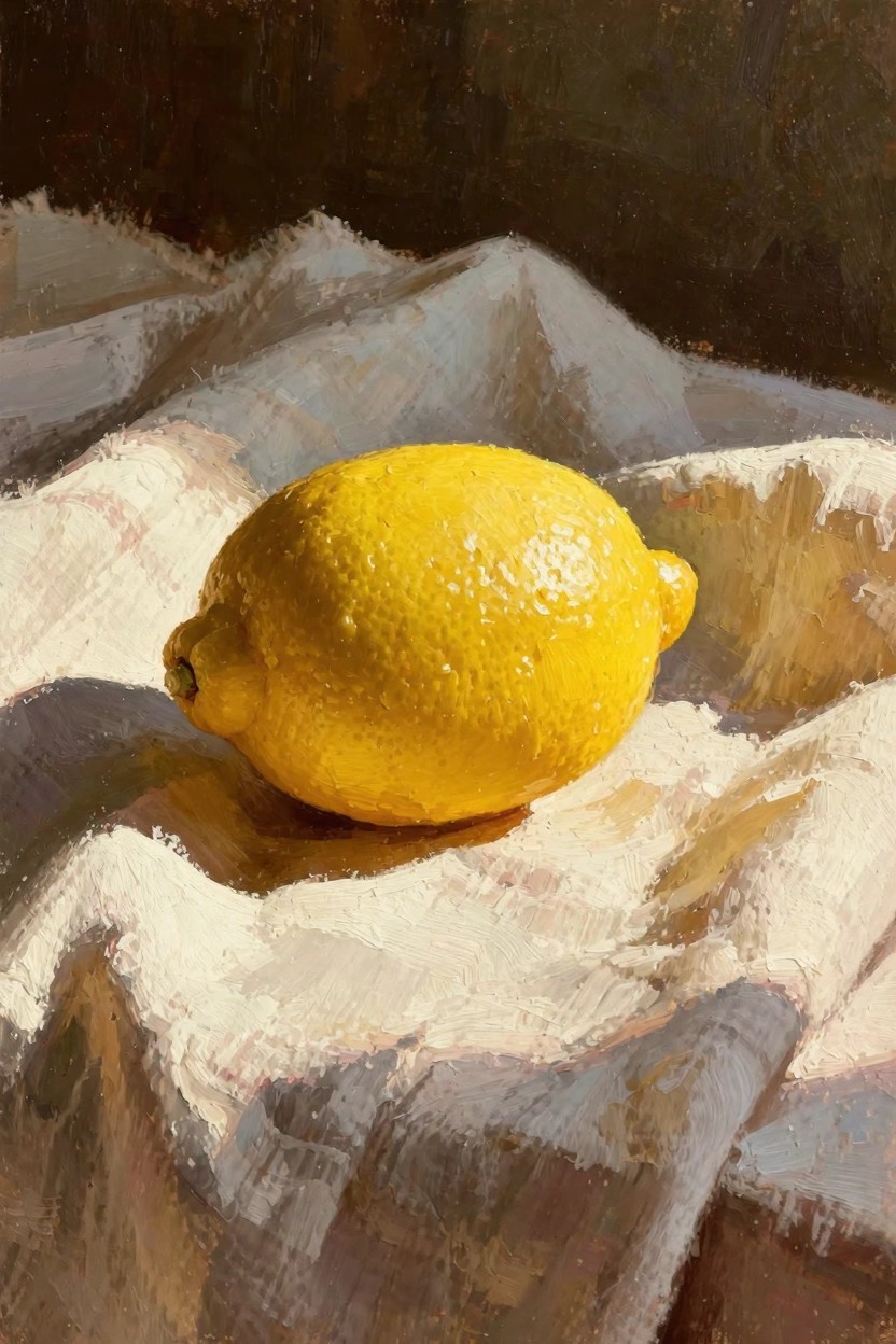 Oil painting of a textured yellow lemon on white folded fabric with side lighting and dark background.