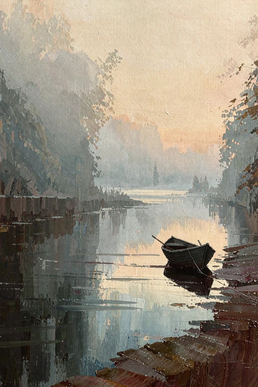 Misty landscape oil painting with a black rowboat moored to wooden steps beside a foggy river channel flanked by trees under peach dawn light.