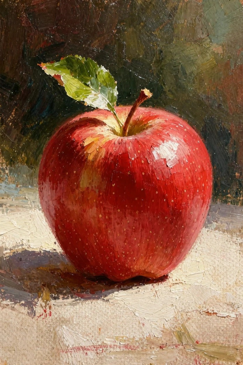 Oil painting of a glossy red apple with green leaf and stem on a light surface against a dark background.
