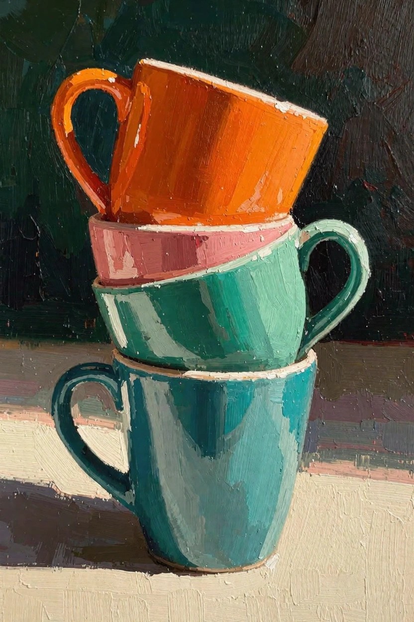 Oil painting of four stacked mugs in orange, pink, green, and teal with visible brushstrokes on a light surface against a dark background.