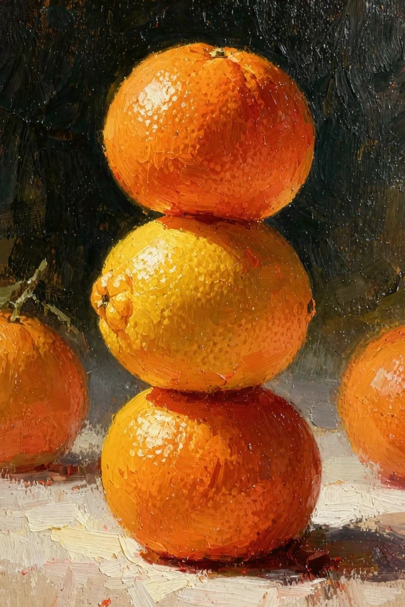 Oil painting of three oranges stacked vertically with extra oranges nearby on a pale surface against a dark backdrop.