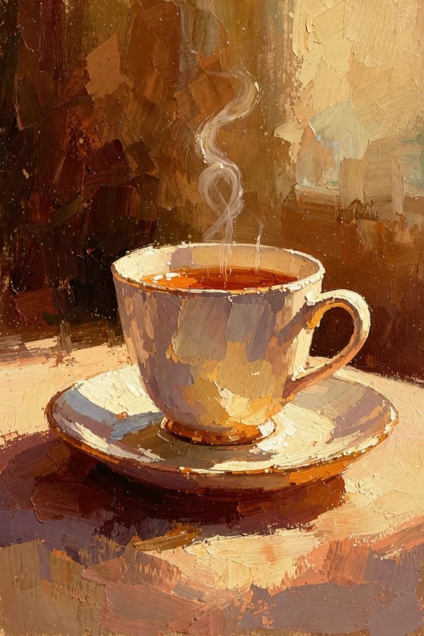 Oil painting of a porcelain teacup filled with tea on a saucer, steam rising, in thick impasto with warm golden lighting and shadows.