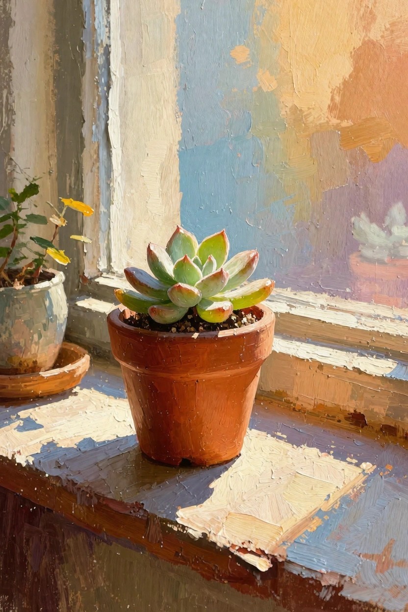 Oil painting of green succulents in terracotta and ceramic pots on a sunlit wooden windowsill with peeling paint and window reflections.