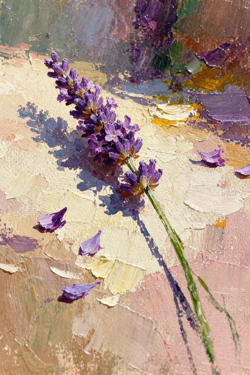 Oil painting of a purple lavender stem with scattered petals and shadows on a textured warm background.