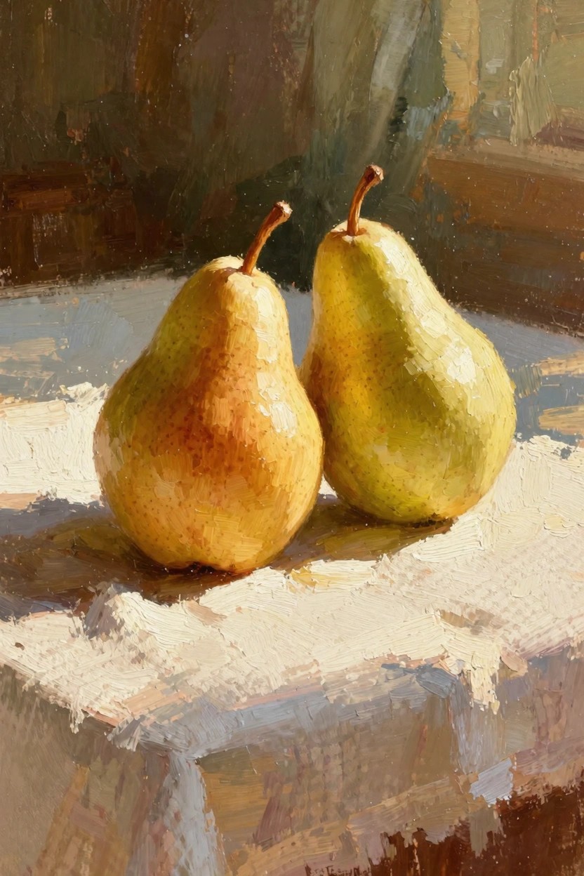 Oil painting of two pears, one reddish-yellow and one greenish-yellow, on a white cloth with warm side lighting and textured background.