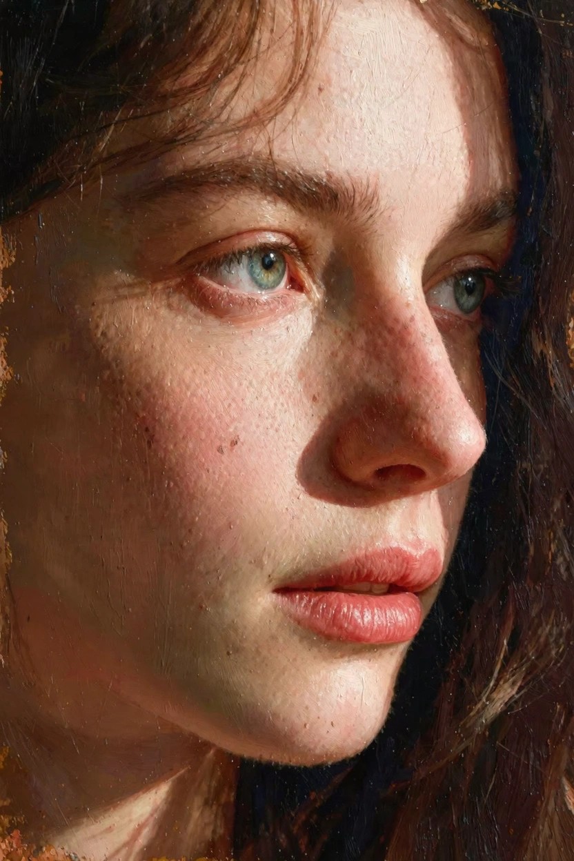 Close-up oil painting style profile of a woman's face with green eyes, freckles, parted lips, and tousled dark hair in warm sunlight.