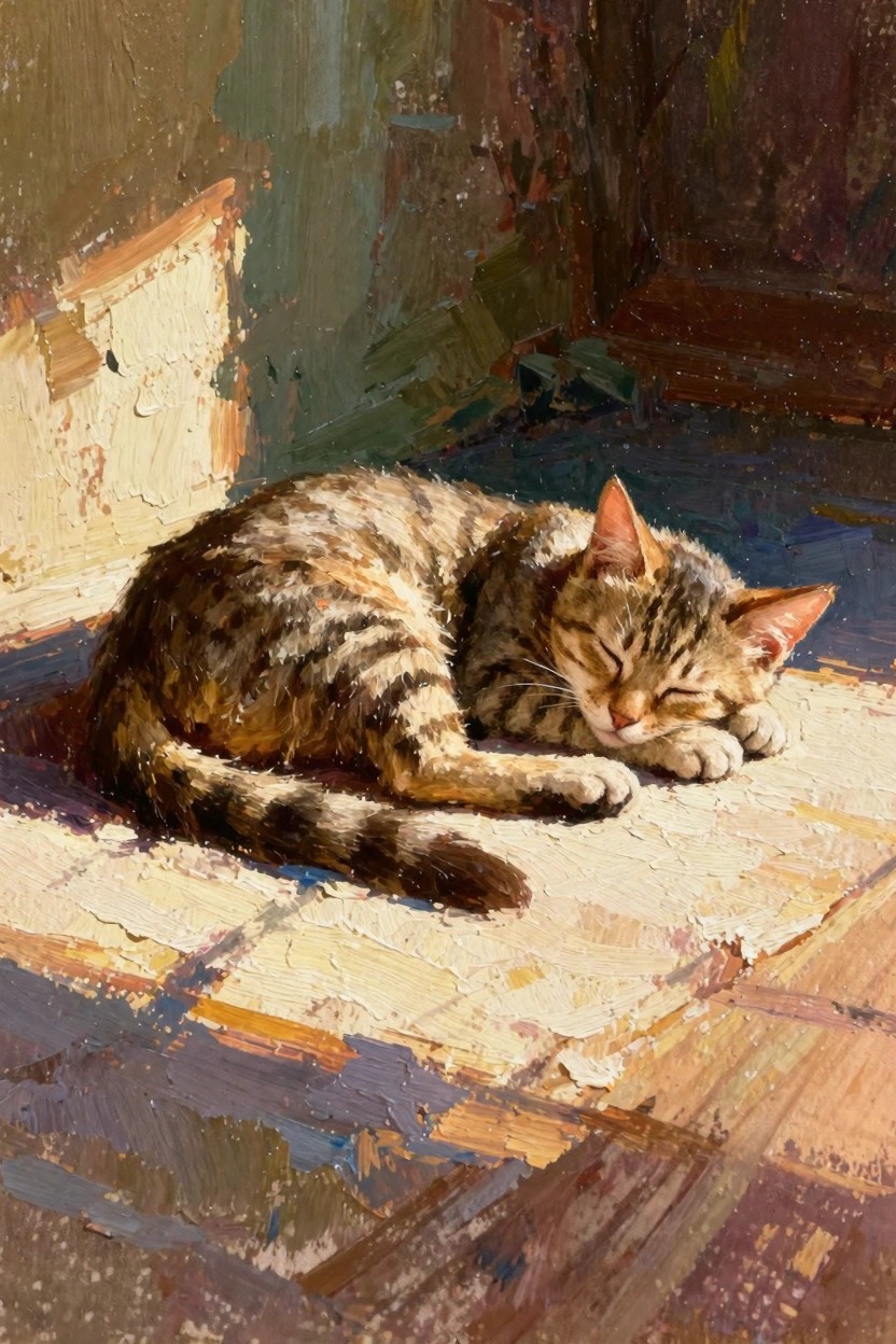 Oil painting of a striped tabby kitten sleeping curled on a sunlit tiled floor in a textured room corner.
