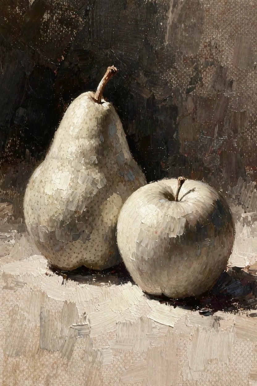 Oil painting of a textured white pear and apple lit against a dark background.