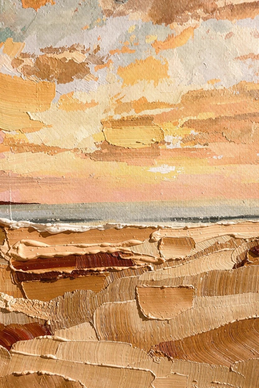 Oil painting of textured sandy dunes in warm tones at sunset, with a calm gray sea and orange-pink cloudy sky.