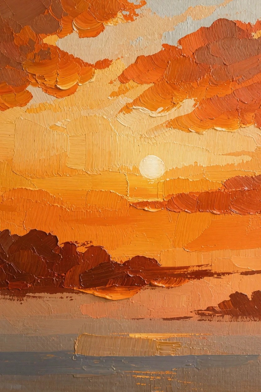 Vertical oil painting of an orange-yellow sunset sky with thick textured clouds, a white sun near the horizon, dark land forms, and gray reflective water below.