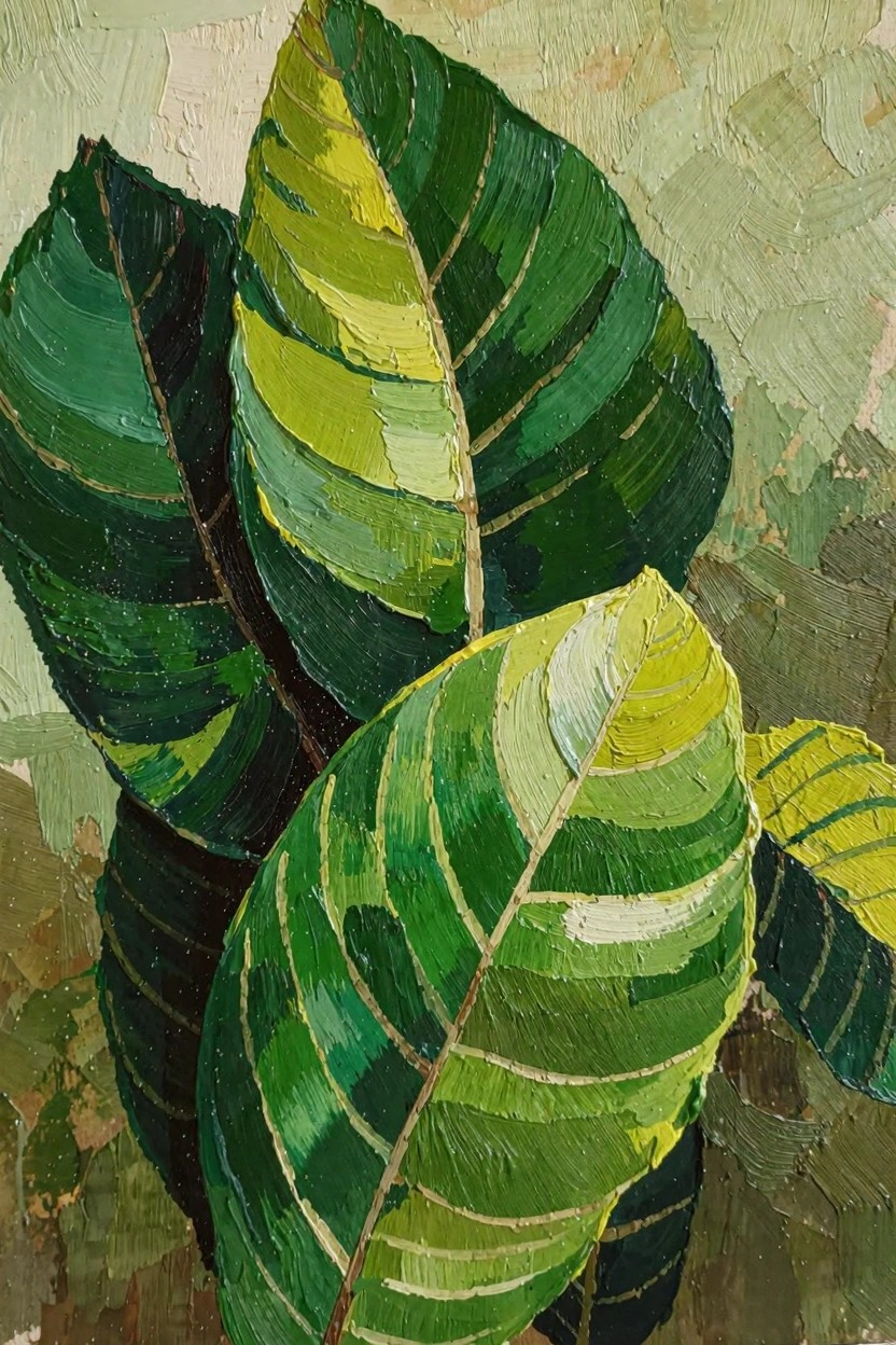 Oil painting of overlapping variegated tropical leaves in layered greens and yellows with textured impasto strokes.