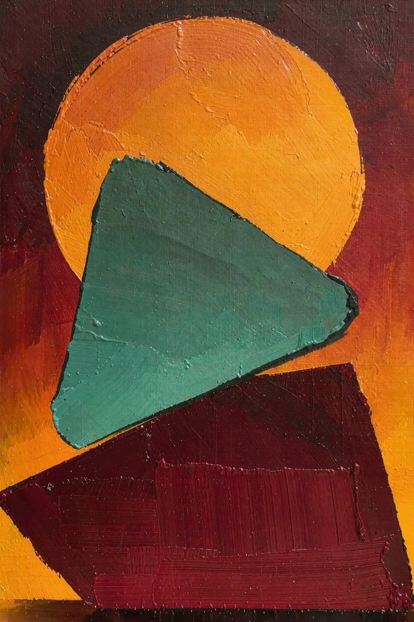 Abstract oil painting with textured orange circle at top, overlapping green triangle, and supporting red rectangular base on dark ground.