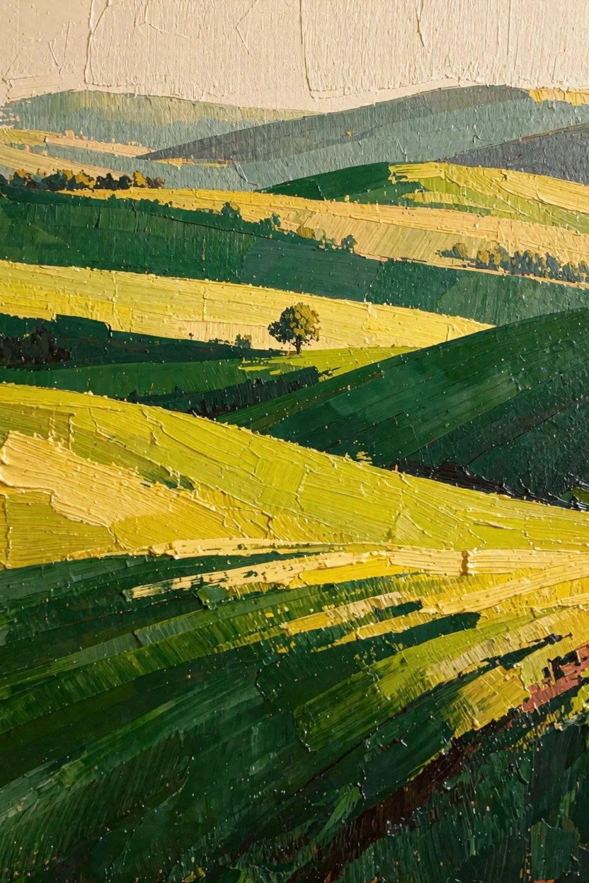 Oil painting of undulating green and yellow fields across rolling hills, featuring a single tree in the midground and distant mountains under a pale sky.