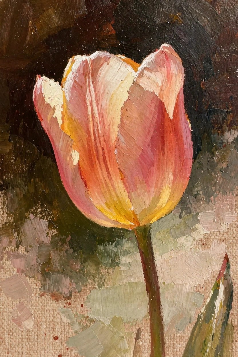 Oil painting of a single pink-orange tulip with green stem and leaf rising from a dark textured background.