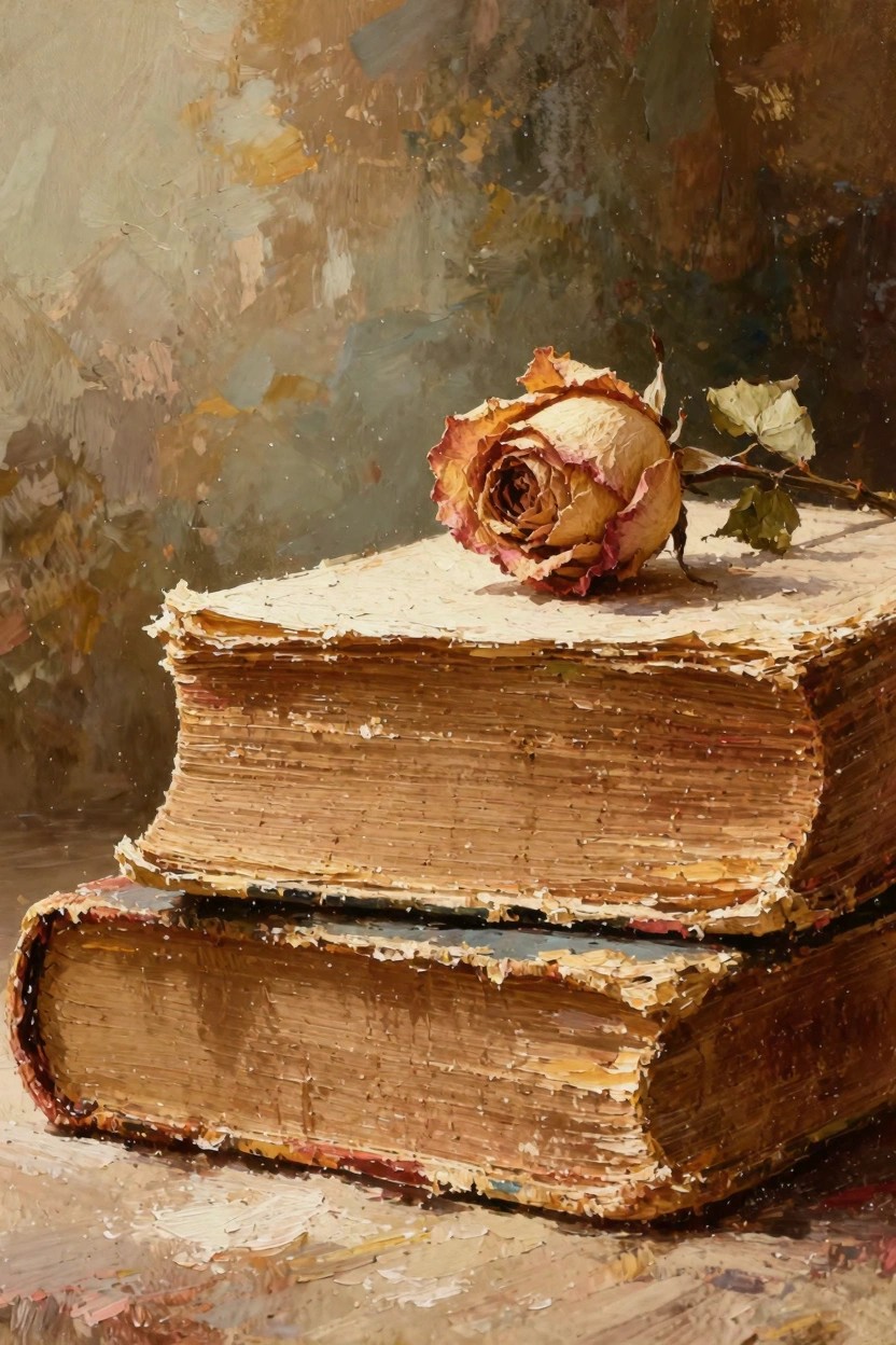 Oil painting of a dried rose on top of two stacks of old, textured books with a blurred earthy background.