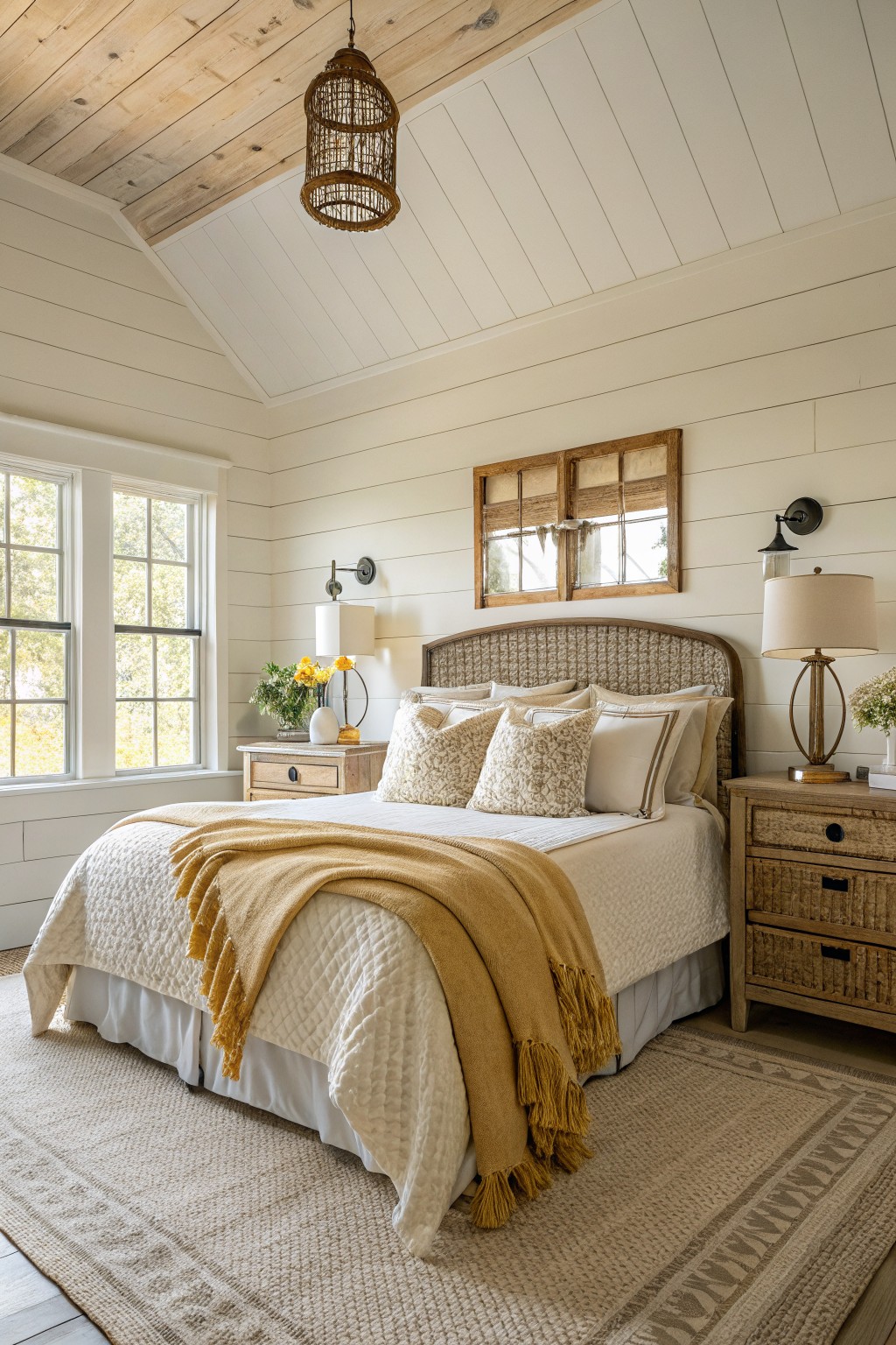 Cozy farmhouse bedroom featuring creamy white shiplap walls, rattan headboard with layered pillows and mustard throw, matching wood nightstands with lamps, large triple window, and woven pendant light overhead