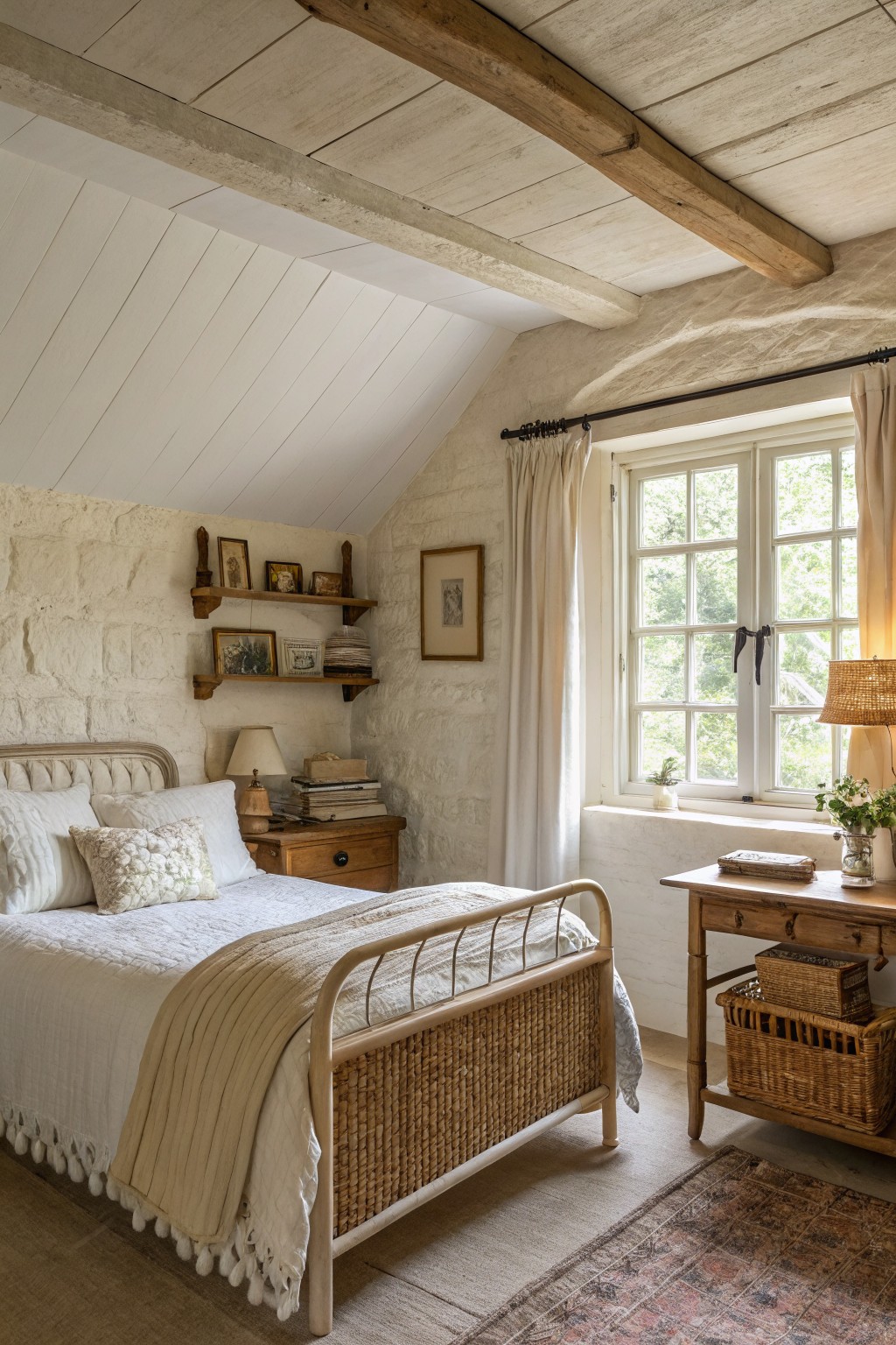 Cozy farmhouse attic bedroom featuring creamy white plaster walls, exposed wooden beams, rattan bed frame, and soft natural light through multipane windows