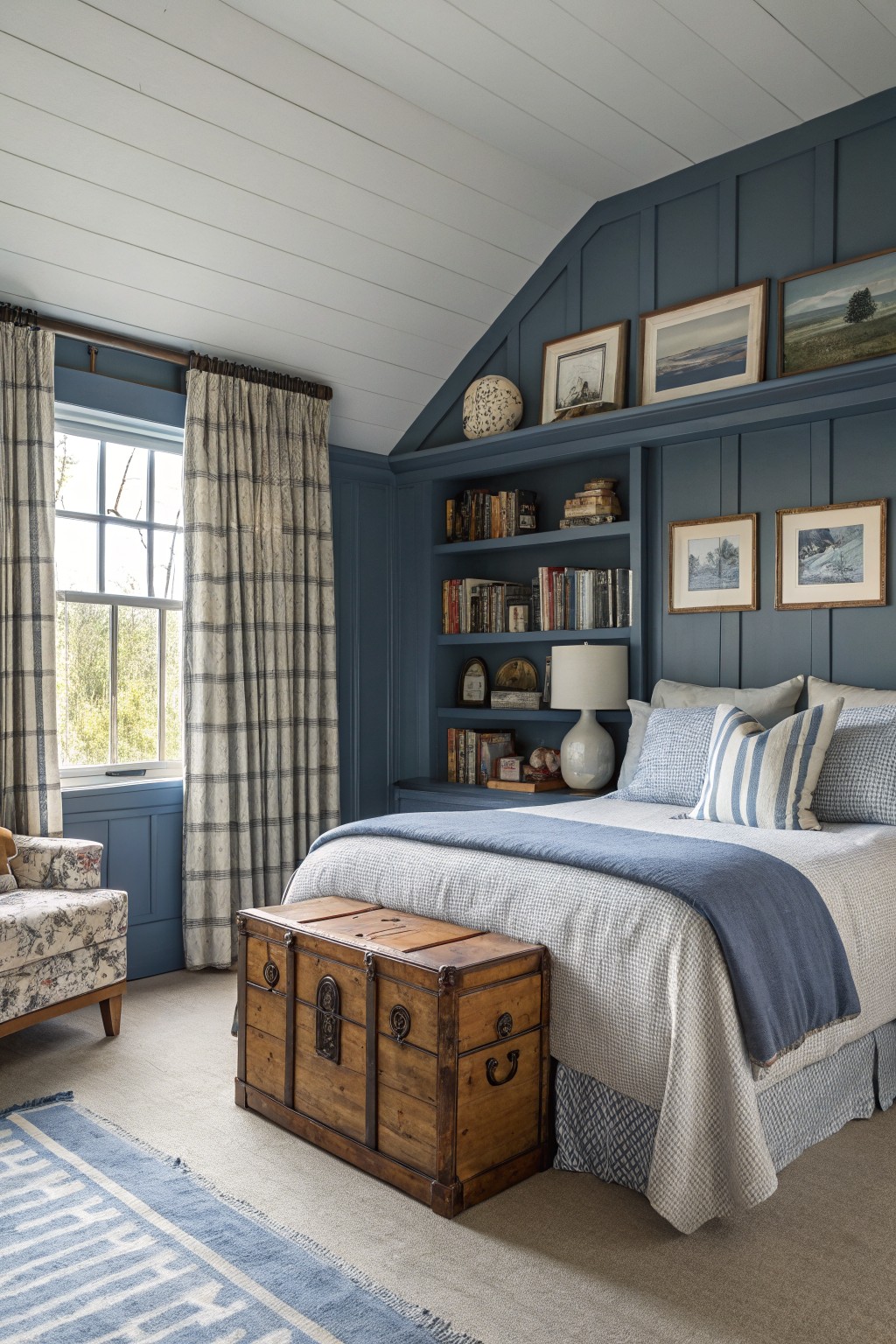 Farmhouse bedroom featuring deep navy paneled walls, a wooden trunk bench at the bed's foot, plaid curtains on multipaned windows, and built-in bookshelves with lamps and art.