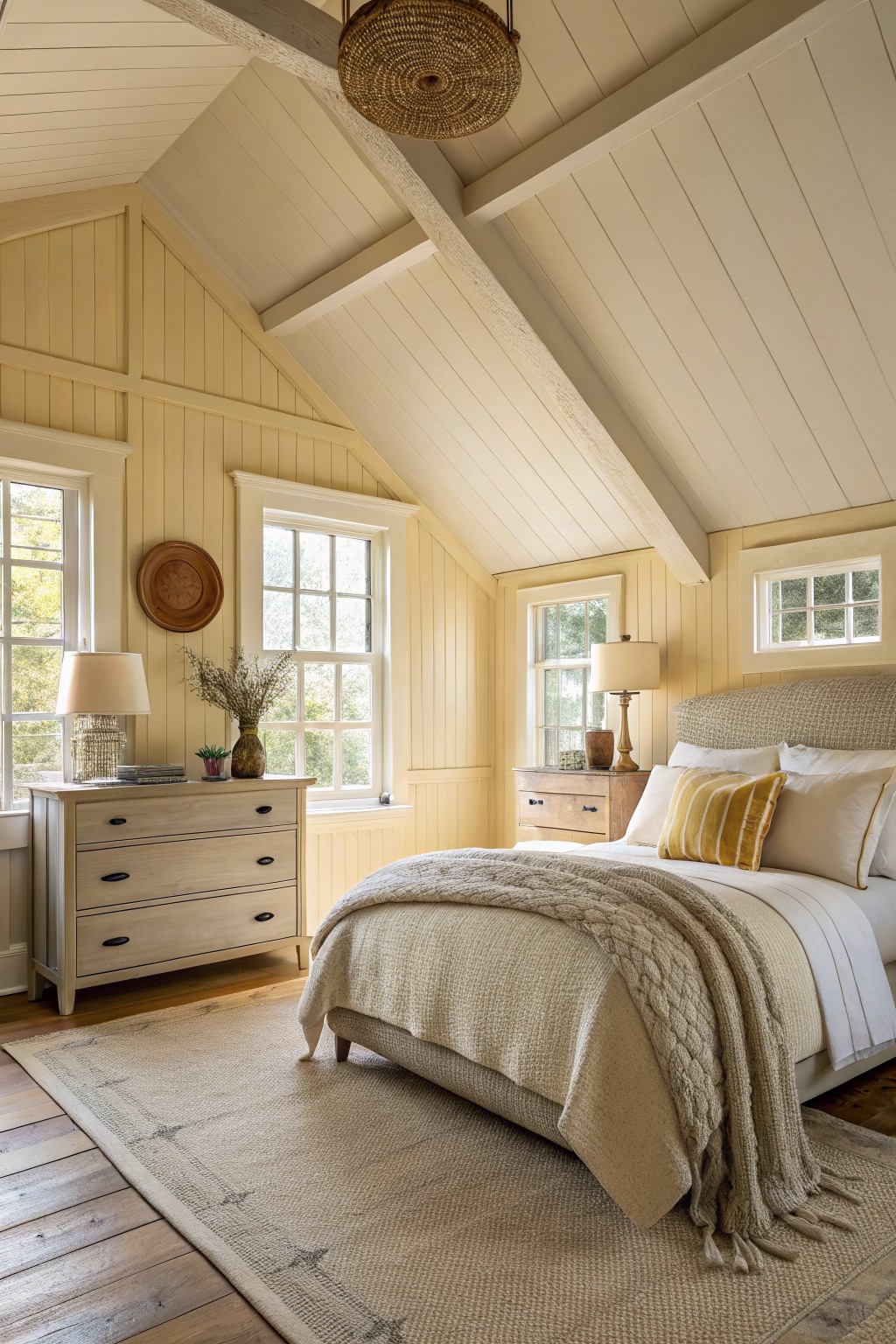 Cozy farmhouse attic bedroom featuring pale yellow shiplap walls, white-beamed ceiling, large multipane windows with greenery views, wooden dressers, tufted bed with cream linens and yellow pillows, seagrass rug on oak floors