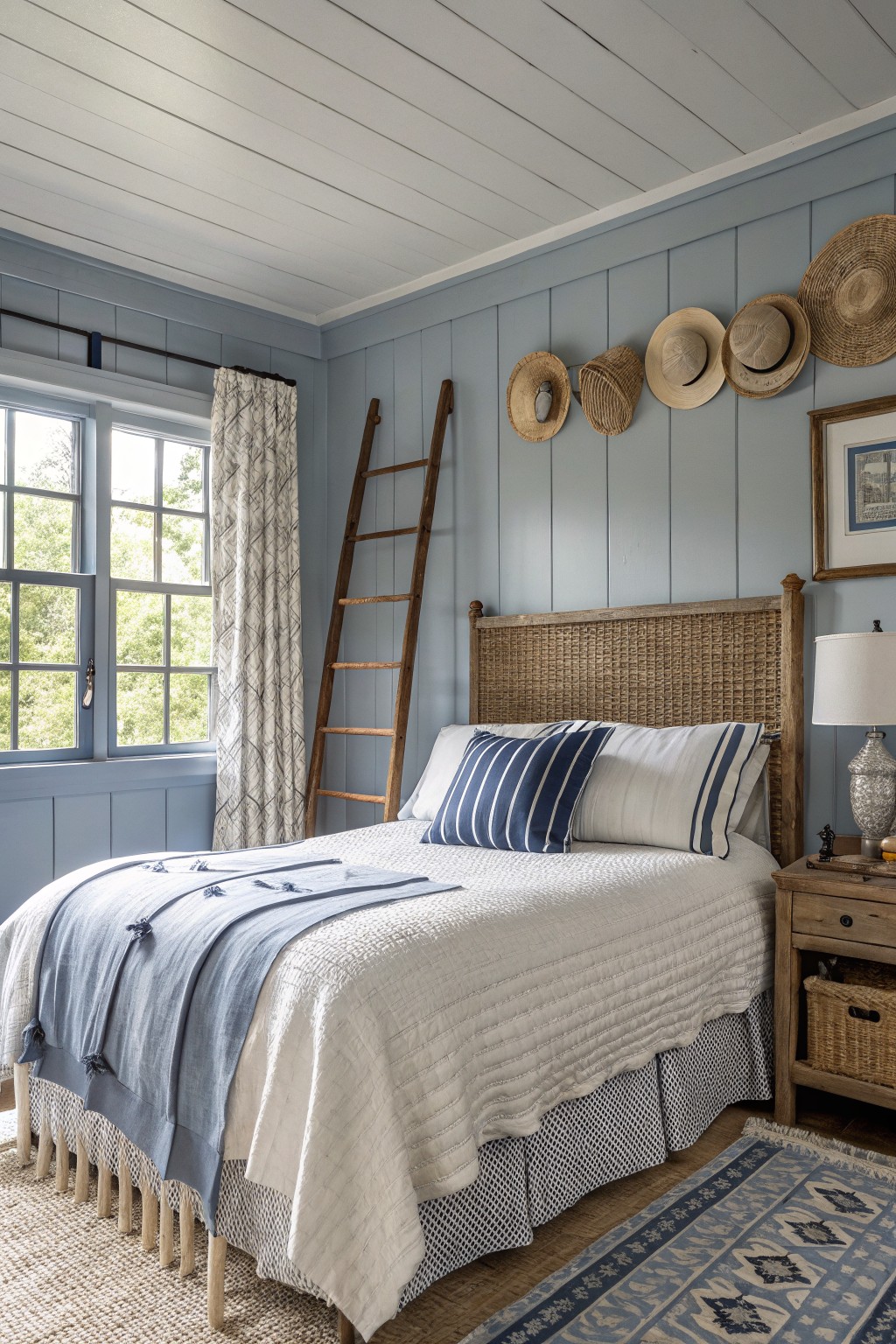 Cozy farmhouse bedroom with soft blue-gray shiplap walls, rattan bed frame, striped bedding, wooden ladder, straw hats on wall, and seagrass rug