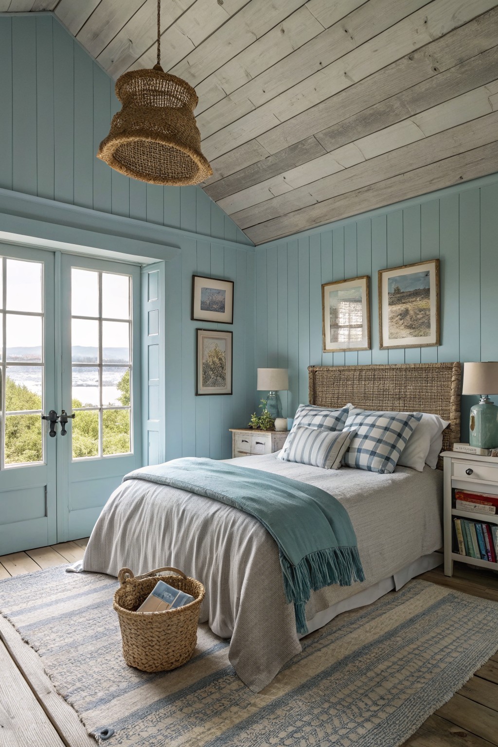 Cozy farmhouse bedroom with pale blue-green paneled walls, whitewashed wood ceiling, rattan bed, plaid pillows, and French doors opening to a water view