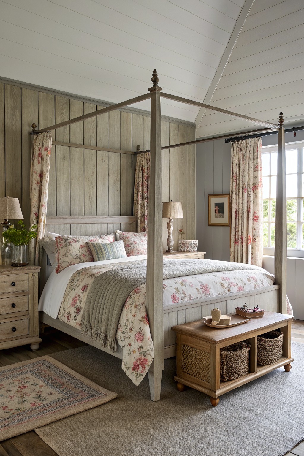 Farmhouse bedroom with soft gray walls, four-poster bed draped in floral fabrics, wood furniture, and woven baskets on a bench