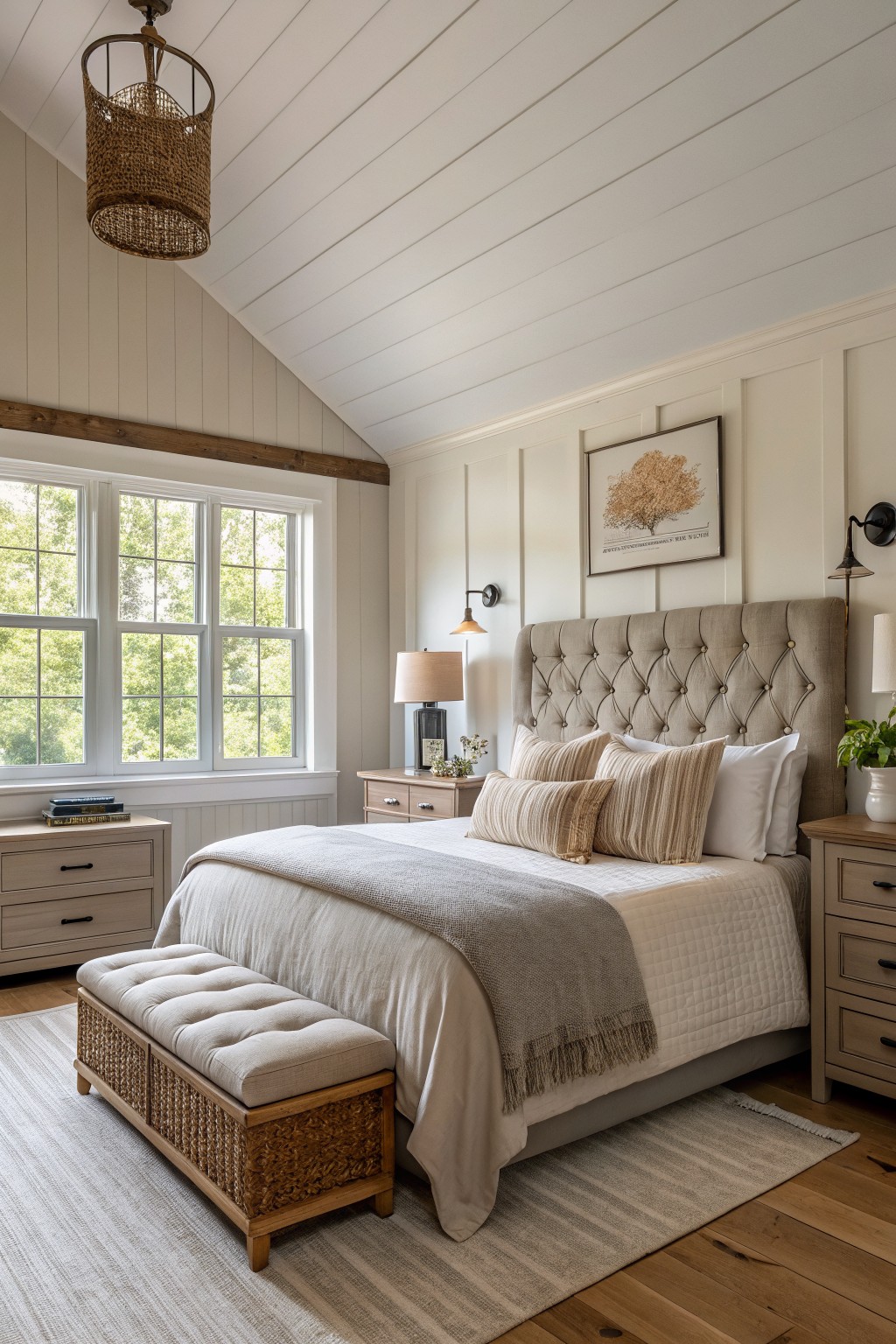 Cozy farmhouse bedroom with soft greige walls, tufted beige headboard, natural wood floors, and large windows letting in green views