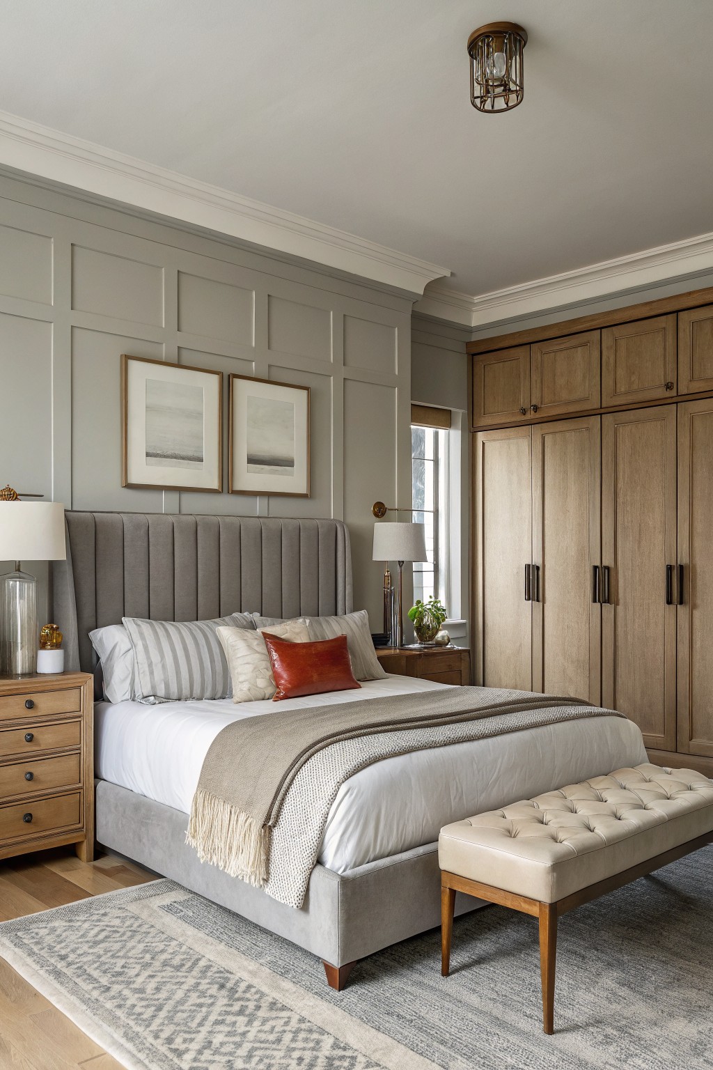 Farmhouse bedroom featuring soft greige board-and-batten walls, gray tufted headboard, beige bedding, wooden wardrobe, and bedside lamps