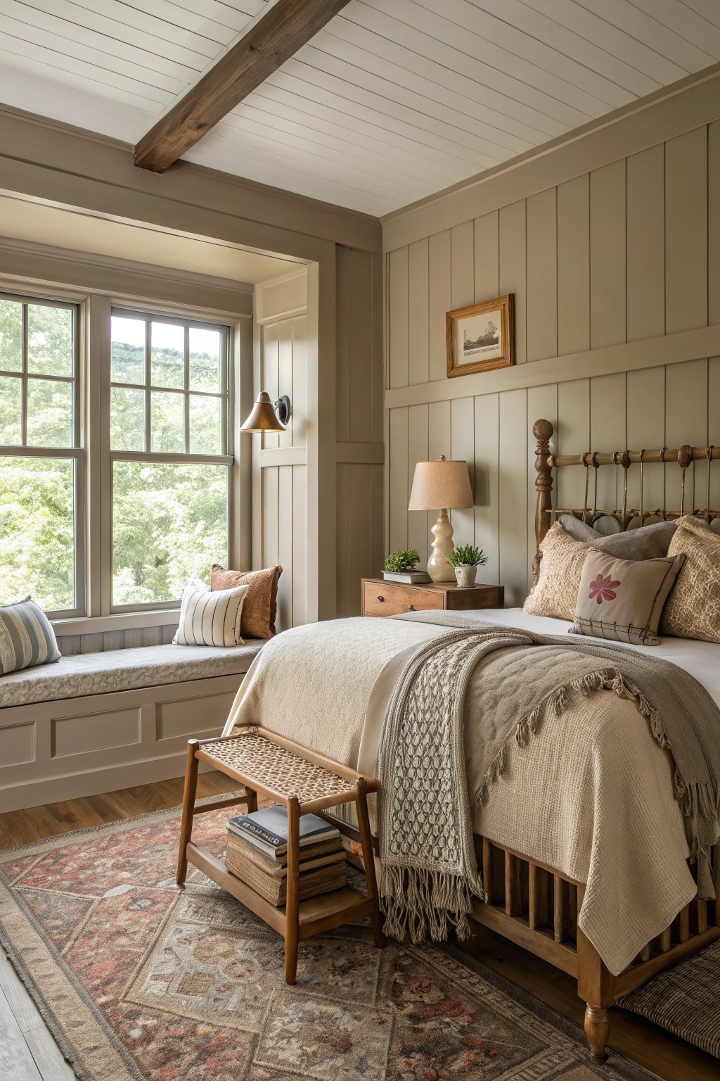 Farmhouse bedroom featuring soft greige board-and-batten walls, white ceiling with exposed wood beams, large window seat overlooking green woods, wooden bed frame with neutral pillows and throws, rattan stool with books, table lamp, and patterned rug