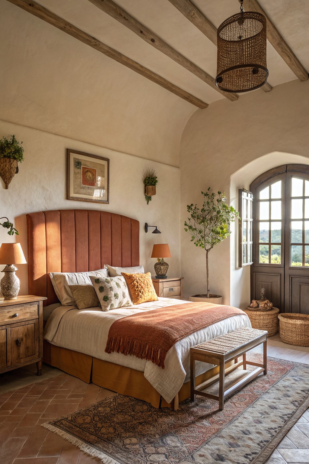 Farmhouse bedroom with soft greige plaster walls, exposed wood beams, terracotta tile floor, rust orange bedding, and potted plants by arched doors