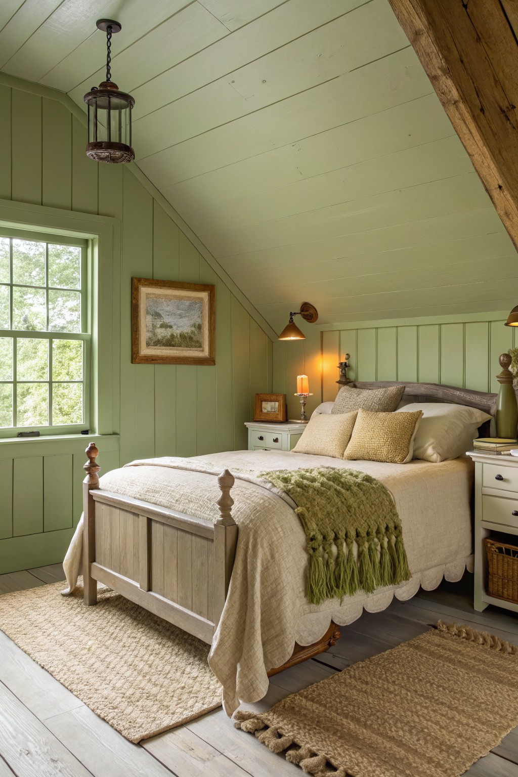 Cozy attic-style farmhouse bedroom with soft sage green walls, wooden bed frame, and warm textiles