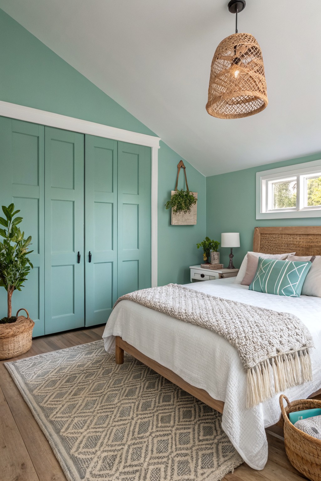 Farmhouse bedroom featuring soft sage green walls on built-in closets, a wooden bed with white linens and gray throw, rattan pendant light, and neutral rug