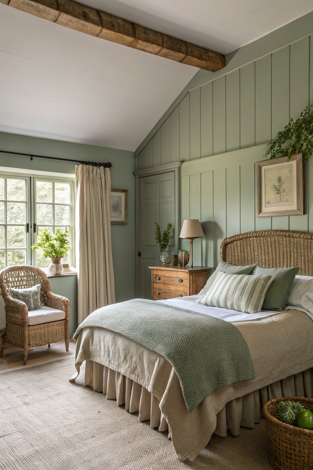 Cozy farmhouse bedroom with pale sage green paneled walls and ceiling beams, rattan bed draped in neutral linens, wooden dresser, armchair by window with plants, soft rug, and woven basket.