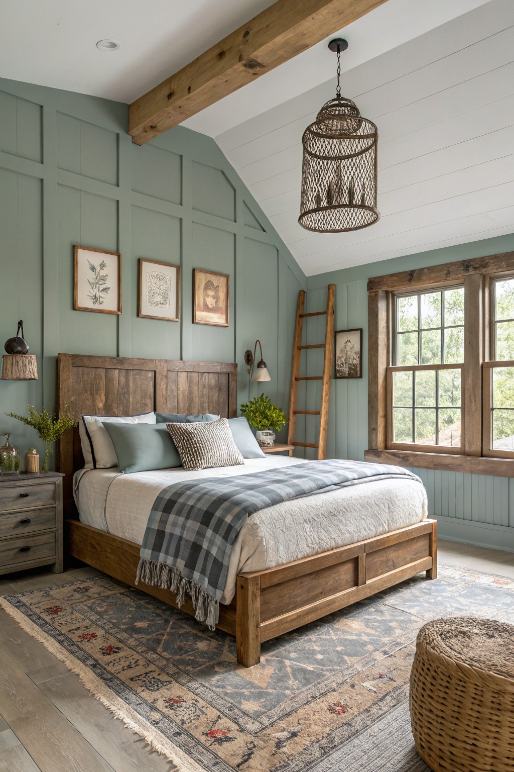 Farmhouse bedroom featuring soft sage green board-and-batten walls, wooden bed frame with plaid bedding, ladder shelf, and woven pendant light