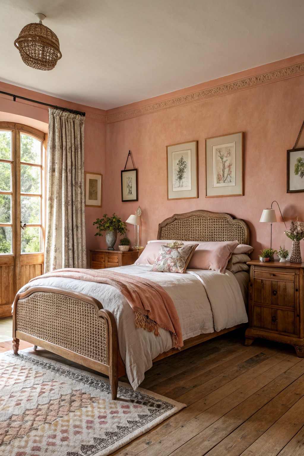 Cozy farmhouse bedroom with soft terracotta pink walls, rattan headboard bed draped in white linens and peach throw, wooden furniture, potted plants, and natural light from French doors