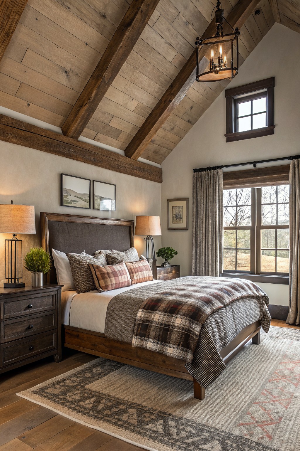 Farmhouse bedroom featuring warm greige walls that complement exposed wood beams and rustic bedding