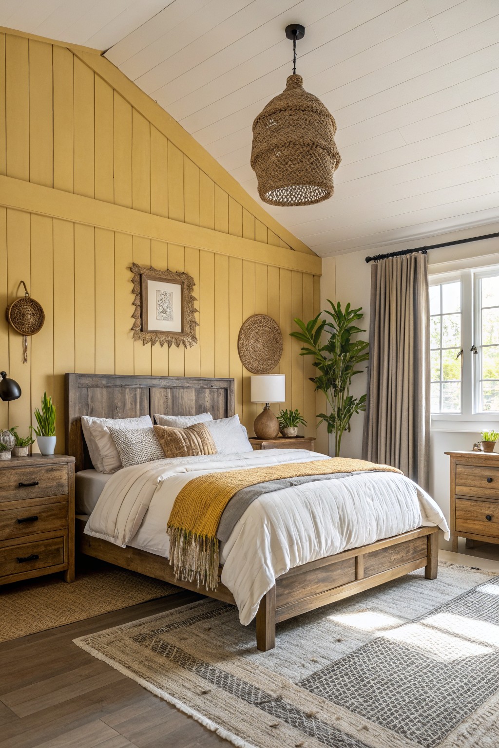 Farmhouse bedroom featuring warm pale yellow shiplap walls, rustic wooden bed with neutral linens, woven baskets, and potted plants for rustic charm